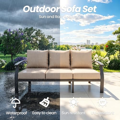 Gotland Metal Outdoor Patio Furniture Set with Coffee Table, 4 Piece Patio Conversation Set with Washable Cushion Covers, Metal Frame Sectional Sofa Furniture Set for Porch, Balcony, Deck, Yard - Image 5