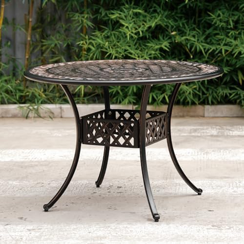 41" Round Patio Dining Table with Umbrella Hole, Outdoor Cast Aluminum Bistro Conversation Outdoor Table for Backyard Porch Pool Balcony Deck by PATIO-IN