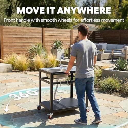 Feasto 35" Movable Outdoor Grill Cart with Stainless Steel Sink & Faucet - Image 5