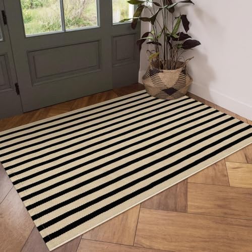 OJIA Washable Outdoor Rug 3'x5' Black and Tan Striped Porch Rug Patio Rugs - Image 7