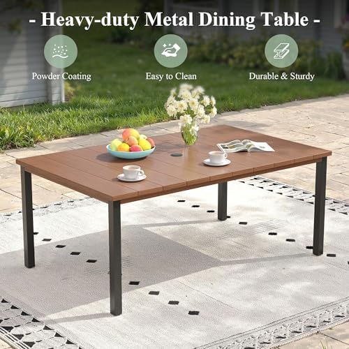 Outdoor Dining Table for 6, 63" Rectangle Outdoor Table with Adjustable Umbrella Hole, All-Weather Metal Patio Dining Table for Lawn Garden Backyard Deck, Walnut - Image 6