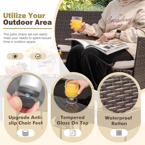 Homall 4 Pieces Outdoor Patio Furniture Set, Rattan Chairs, Brown & Beige - Image 3