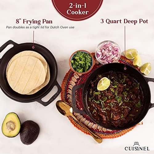 Cuisinel Cast Iron Dutch Oven - 3-Quart Deep Pot - Pre-Seasoned 2-in-1 Multi-Cooker - Combo Lid Doubles as 8"-inch Skillet + Silicone Handle Covers + Scraper - Use for Baking Bread. PFAS and PFOA-free - Image 5