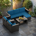 7PCS Patio Furniture Set, Outdoor Furniture All Weather Balcony Furniture with Thick Anti-Slip Cushions & Glass Table PE Rattan Patio Conversation Set for Backyard Garden (Peacock-Blue/XB, 7PCS) by PHONJOROO