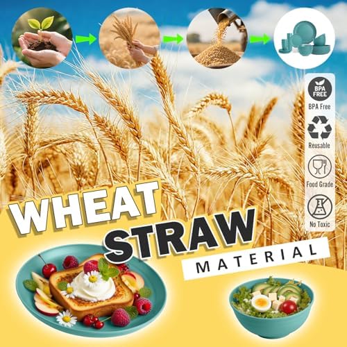 Wheat Straw Dinnerware Sets, 32 PCS Dishes Set for 8, Unbreakable Plates and Bowls Sets, Microwave Safe Dinnerware Set for Kitchen Outdoor Camping RV - Green - Image 5