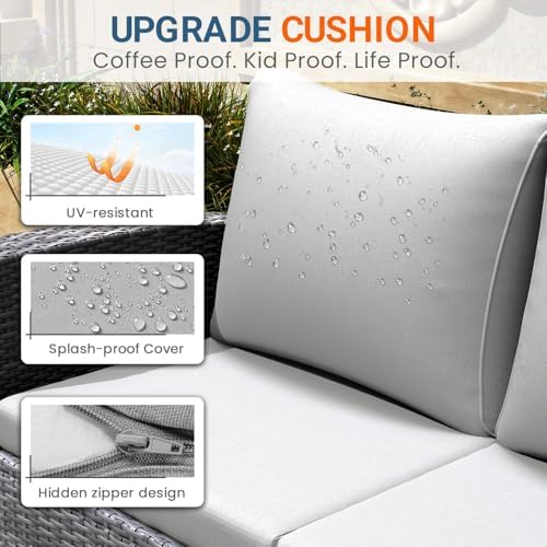 Wisteria Lane 4 Piece Patio Furniture Set, Wicker Outdoor Patio Conversation Furniture Set, All Weather Outdoor Patio Sofa with Cushion and Glass Table, Light Gray - Image 5