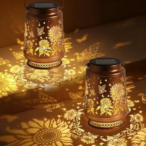 2 Pack Sunflower Solar Lanterns Outdoor Waterproof, Garden Decor Birthday Gifts for Women Mom Grandma Sister, Metal Hanging Solar Lights Outside Decorative for Backyard Patio Lawn Pathway Landscape by Fussion