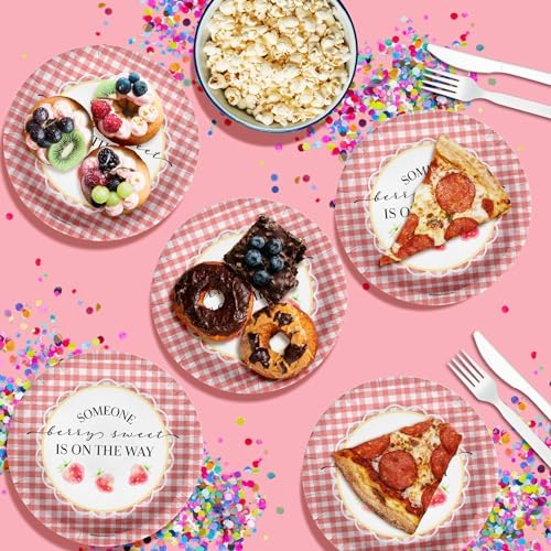 Birthday Galore Someone Berry Sweet is On the Way Baby Shower - 32 Piece Disposable Party Supplies - Strawberry Baby Shower Decorations - Round Party Plates - Large 9" Paper Plates In Bulk - Image 4