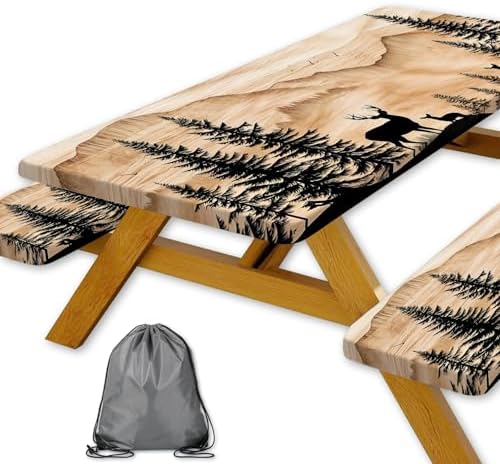 Picnic Table Cover with Bench Covers Camping Essentials Rustic Hunting Deer Forest Waterproof Windproof Camping Tablecloth Fitted Tablecloth Cover with Elastic Edge for Indoor Outdoor 3 PCS 30x72 Inch by Xguatan