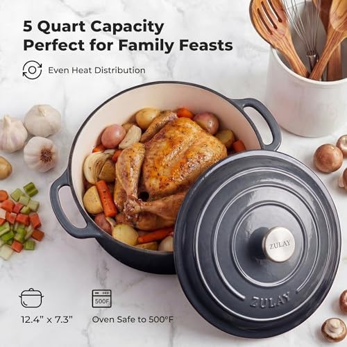 Zulay Kitchen 5 Quart Enameled Cast Iron Dutch Oven Pot with Lid – Premium Durability & Oven Safe up to 500°F – Heavy Duty Cookware Perfect for Bread Baking, Stews, Braising & Roasting – Gray - Image 6