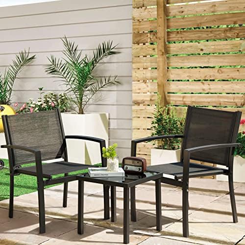 Greesum 3 Pieces Patio Furniture Outdoor Bistro Set Textilene Fabric Chairs for Lawn, Garden, Balcony, Poolside with A Glass Coffee Table, Black by BuynowfromGreesum