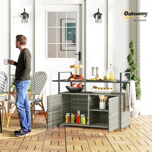 Outsunny PE Rattan Outdoor Storage Cabinet Bar Cart, Wheels, Mixed Gray - Image 2