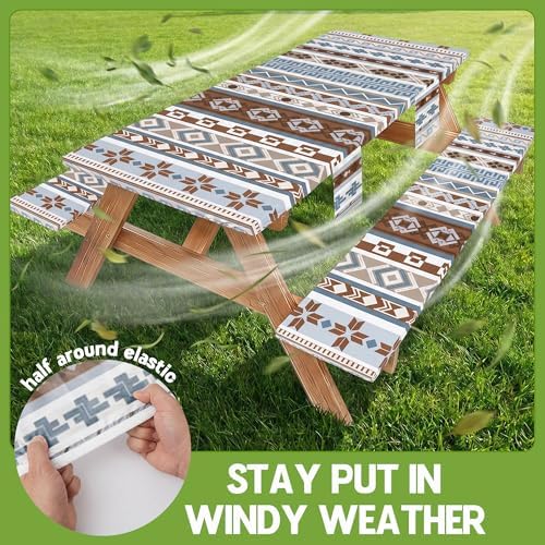 Fitted Picnic Table Cover with Bench Covers Fitted Rectangle Table Cloth Tablecloth Camping Gear Essentials Rv Accessories Road Trip Supplies Car Travel Must Have 8 Ft Foot Feet 96in Boho Bohemian - Image 3