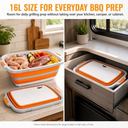 BBQ Prep Tub, 16L Orange Collapsible Wash Basin with Drain Plug - Image 4