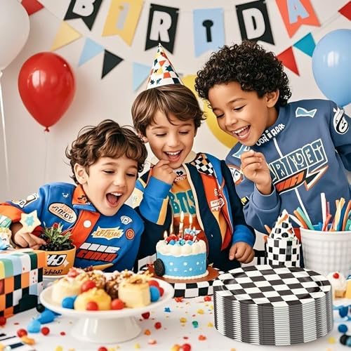 WRAPAHOLIC 25Pcs Racing Cars Paper Plates - 9 Inch Black and White Racing Flags Disposable Plates Decorative Dinner Plates for Party Tableware Supplies Table Decor - Image 7