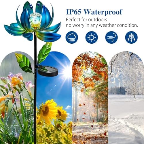 Solar Garden Lights Metal Flower Decor, Colorful Spinning Windmill Lotus Pathway Ligths with LED Cracked Crystal Ball Outdoor Decorative Stake Lighting Waterproof Flower Sculpture for Patio Yard - Image 6