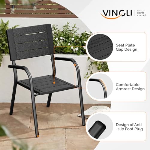 VINGLI Outdoor Patio Dining Chairs, Stackable HDPE All-Weather Arm Chairs, Weatherproof Outdoor Seating for Garden, Backyard, Poolside, Balcony,Black (4 Pack) - Image 4