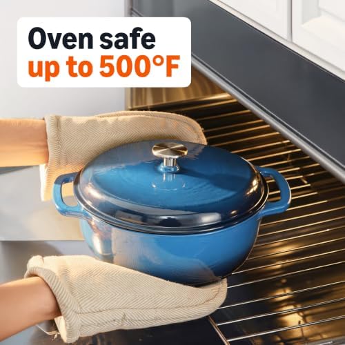 Amazon Basics Enameled Cast Iron Dutch Oven Pot With Lid, 6-Quart, Round, Dual Handles, Heavy-Duty, Oven Safe for Stews, Roasting & Baking, Blue - Image 3