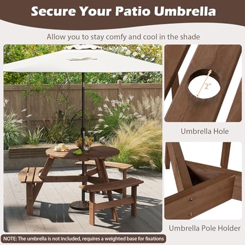 GIANTEX 6-Person Round Picnic Table Set with 3 Benches, 550 LBS Bench Capacity, 2" Umbrella Hole, Circular Outdoor Wood Dining Table & Chairs for Patio Yard Garden Porch Deck (68”x62”x28”,Brown) - Image 7