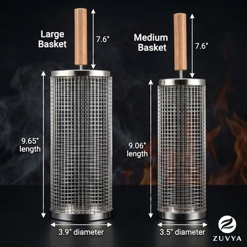 Rolling Grill Basket 2-Pack, 304 Stainless Steel Grilling Basket with Removable Wooden Handle, Nesting BBQ Baskets for Outdoor Grill, Vegetables Shrimp & Meat, Smoker Camping Accessories, BBQ Gifts for Men Dad - Image 3