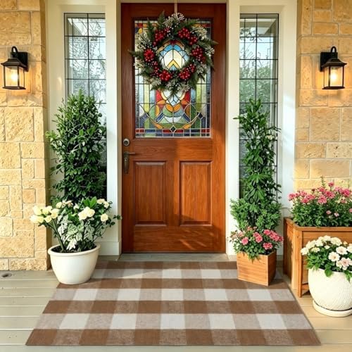SEEKSEE Fall Decor Buffalo Plaid Outdoor Rug 27.5x43 Coffee and White Front Door Mat, Layering Rug for Porch, Fall Doormat, Front Porch Rug for Outdoor Entrance Entryway Patio Porch Decor - Image 4