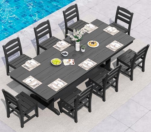 SERWALL 9Pcs 84" HDPE Outdoor Dining Set for 8 with Armless Chairs,Black by SERWALL