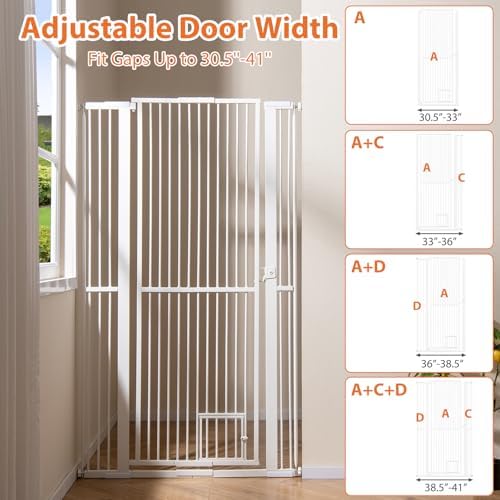 Giantex 67.5'' Extra Tall Pet Gate for Large Dogs & Cats, Adjustable 30.5''–41'' Wide Dog Gate with Small Pet Door, Extension Kits, Pressure or Hardware Mount, Jump-Proof Indoor Barrier, White - Image 2
