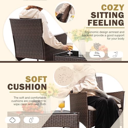 Homall 4 Pieces Outdoor Patio Furniture Set, Rattan Chairs, Brown & Beige - Image 2