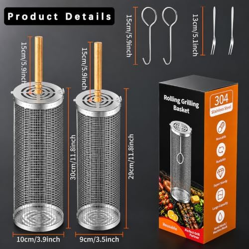 2Pcs Rolling Grill Baskets, 304 Stainless Steel BBQ Accessories - Image 2
