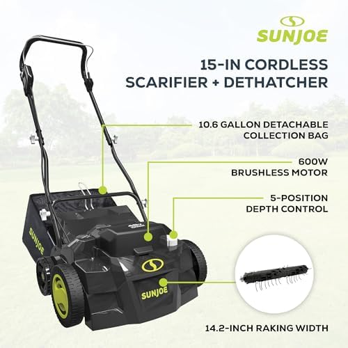 Sun Joe Cordless Scarifier & Dethatcher with 5 Depth Positions & 600W Brushless Motor, 15-Inch Cutting Width - Heavy-Duty Yard Trimmer Machine for Gardening Care and Lawn Maintenance, 24V-X2-DTS15 - Image 4