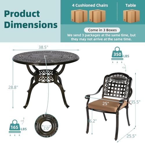 MEETWARM 5 Piece Patio Dining Set, Outdoor All-Weather Cast Aluminum Dining Table Set, Patio Furniture Set for Backyard Garden Deck, Include 4 Chairs, 4 Cushions and 1 Round Table with Umbrella Hole - Image 2