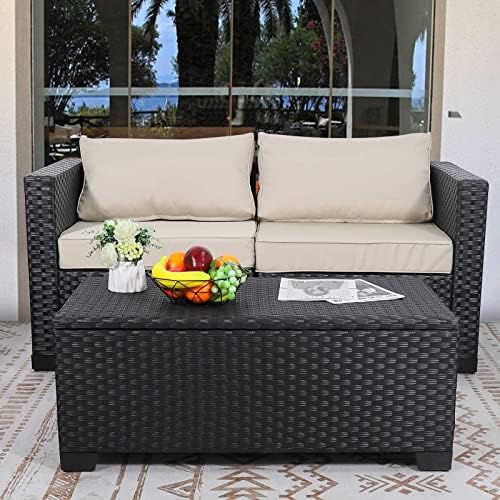 Rattaner Patio Coffee Table with Storage Wicker Outdoor Coffee Table and All-Weather Wicker Side Table with Waterproof Cover, Black - Image 3