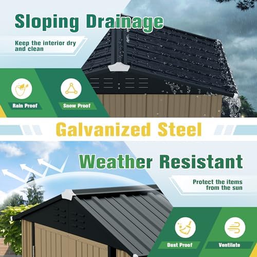 Flamaker 6x4 FT Storage Shed Waterproof Metal Garden Shed with Lockable Door Utility Tool Shed Outdoor Storage for Backyard, Patio and Lawn, Brown - Image 3