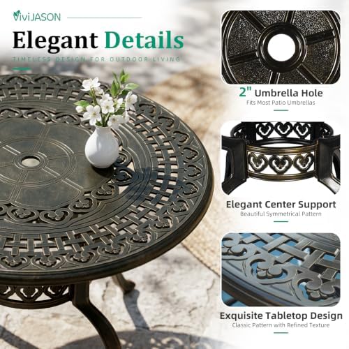 VIVIJASON 5-Piece Patio Furniture Dining Set, All-Weather Cast Aluminum Outdoor Conversation Set, Include 4 Cushioned Chairs and 1 Round Table w/Umbrella Hole for Balcony, Lawn, Garden, Backyard - Image 3