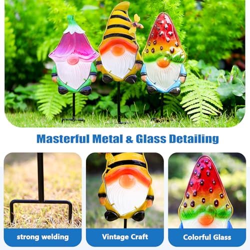 Gnome Garden Stake Set of 3 Metal Glass 18.3" Funny Outdoor Yard Lawn Decor - Image 4