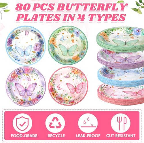 80 Pieces Butterfly Birthday Party Plates, 7 Inch Butterfly Paper Plates Spring Floral Disposable Dinnerware Decoration for Baby Shower Bridal Wedding Party Supplies - Image 3