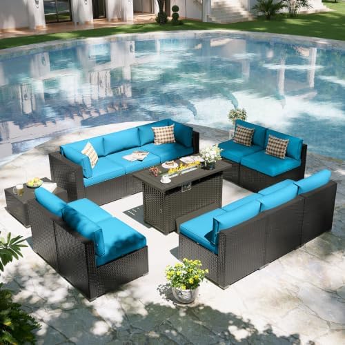 Aoxun Patio Furniture Set with Fire Pit Table, 12 Piece Outdoor Sectional Sofas, 10 Seats Wicker Rattan Outdoor Furniture with Thickened Cushion for Backyard, Garden Peacock Blue - Image 7