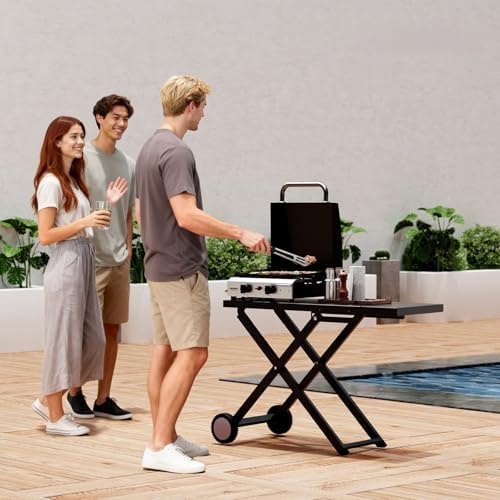 Bonnlo Foldable Flat Top Grill with 2 Burner & Lid, Powerful 20,000 BTU Propane Gas Grills with Ignition, Enamel Griddle, Side Shelf & Portable Cart with Wheels for Outdoor Camping Hibachi Grill Use - Image 7
