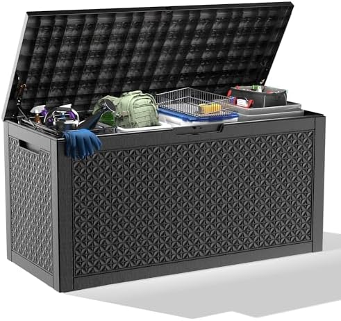 DRATO 110 Gallon Deck Boxes Outdoor Waterproof, Resin Large Lockable Storage Box with Lid, Outdoor Storage Bench Patio Cushions Furniture, Garden Tools, Pool Accessories (Black, 110 Gallon) by DRATOprovidesawarmandcozy