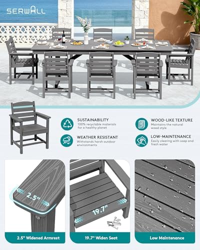 SERWALL Patio HDPE Dining Chairs Set of 2 with Arms, Grey - Image 3