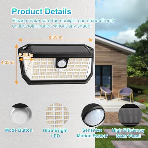 Brightever Solar Motion Sensor Outdoor Lights, 4000LM 344 LEDs Solar Outdoor Lights, IP65 Waterproof Exterior Flood Security Lights with 270° Wide Angle & 3 Modes for Patio Garage, 4-Pack Black - Image 6
