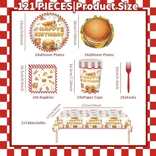 121PCS Hamburger Birthday Decorations Tableware Set for 24 Guests - Image 2