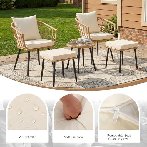 PORWEY 5 Piece Patio Bistro Set, All-Weather Rattan, Yellow/Beige - Image 5