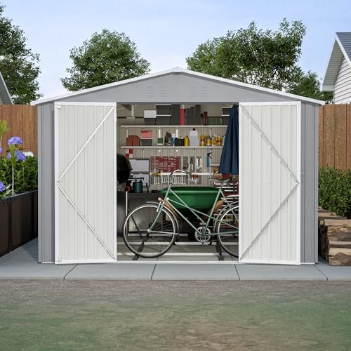YOPTO 10x12 FT Outdoor Storage Shed with Floor Frame Kit,Metal Shed W/Double Lockable Doors,Garden Tool Storage House W/ 4 Air Vents & Sloped Roof,for Backyard,Patio,Lawn,Gray - Image 5