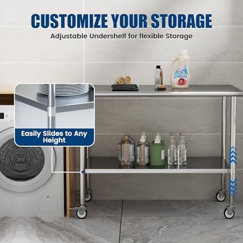 Stainless Steel Work Table with Wheels, 30x60 Inch NSF Kitchen Prep Table with Adjustable Undershelf for Commercial Restaurant, Garage, Outdoor BBQ - Image 4