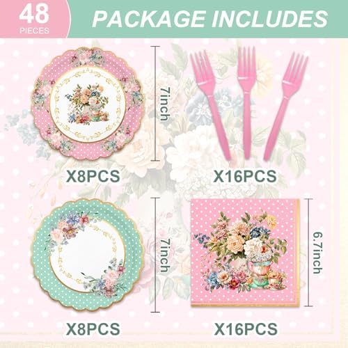48pcs Floral Tea Party Decoration Set,16 Dessert plate,16 Napkin And 16 Fork,Floral Tea Disposable tableware for 16 persons,Used for Baby Shower Wedding Party Supplies - Image 2