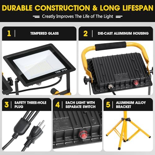Zetunlo 21000Lumen LED Work Lights with Stand - 3 Head Portable Work Light with 16FT Cord - IP66 Waterproof Tripod Worklights for Outdoor Indoor Job Site Workshop Garage Construction Site Lighting - Image 4