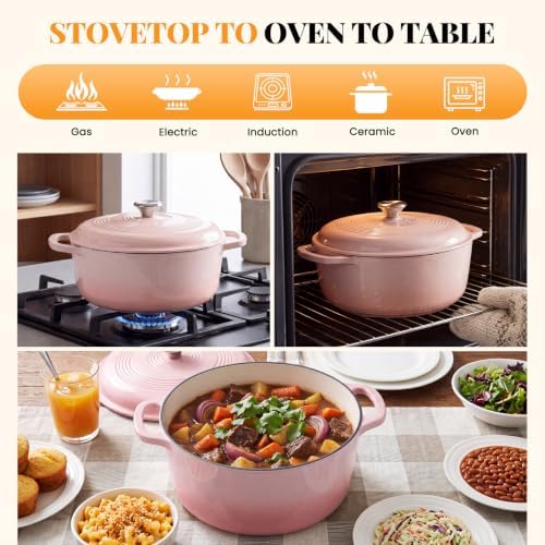 NEWBULIG Enamel Cast Iron Dutch Oven, 6 Quart Pot with Lid, Pink - Image 6