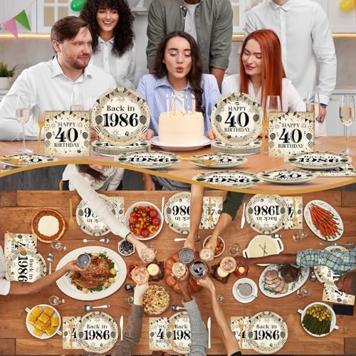 96Pcs 40th Birthday Party Paper Plates and Napkins for Back in 1986 Themed Party Supplies Vintage 40 Year Old Dessert Plates 40th Tableware for Men Women Birthday Gatherings Decorations - Image 6