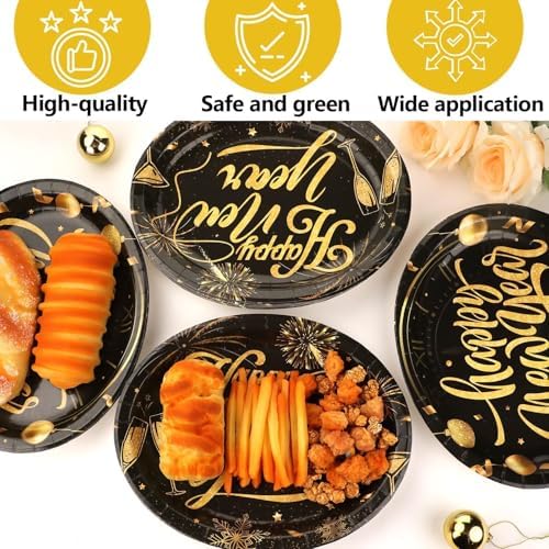 50PCS Happy New Year Oval Paper Plates 11”Large Heavy Duty Black and Gold 2026 New Year's Eve Party Decorations Year of the Horse Disposable Dessert Supplies NYE Holiday Evening Party Tableware Set - Image 3